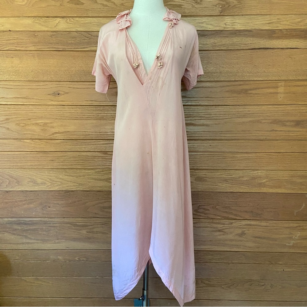 Antique 1920s flapper pink floral embellished silk day dress